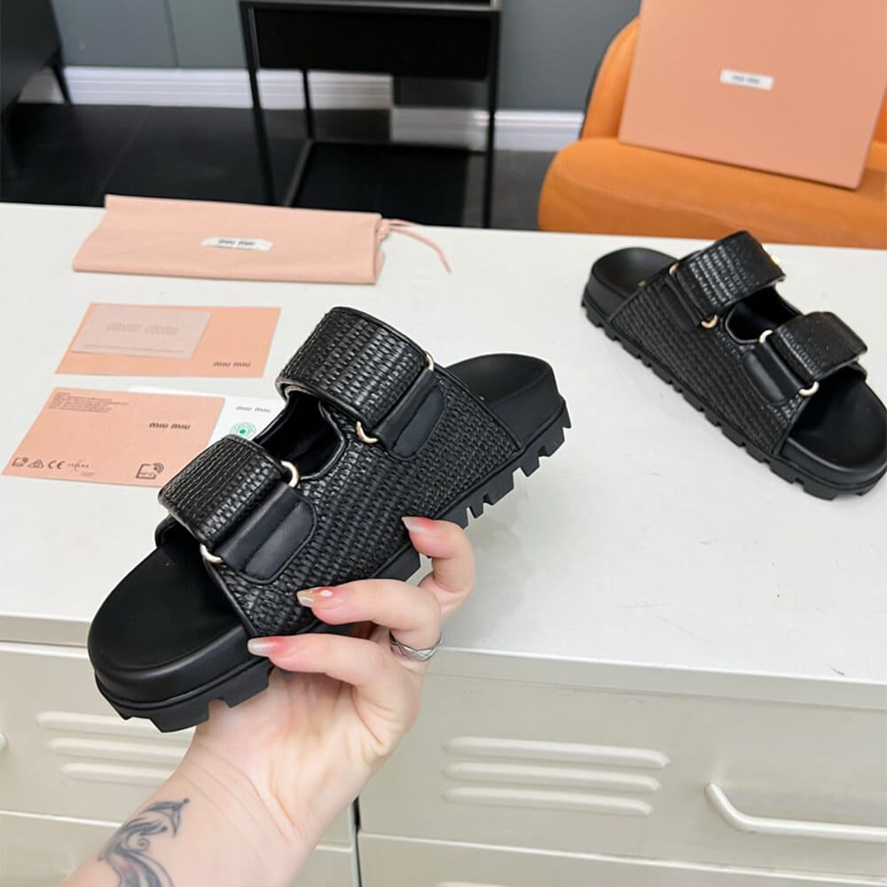 MiuMiu Raffia-effect woven fabric slides